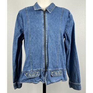 Christopher Banks Womens Blue Denim Jacket Full Zip Embroidered Flowers Medium